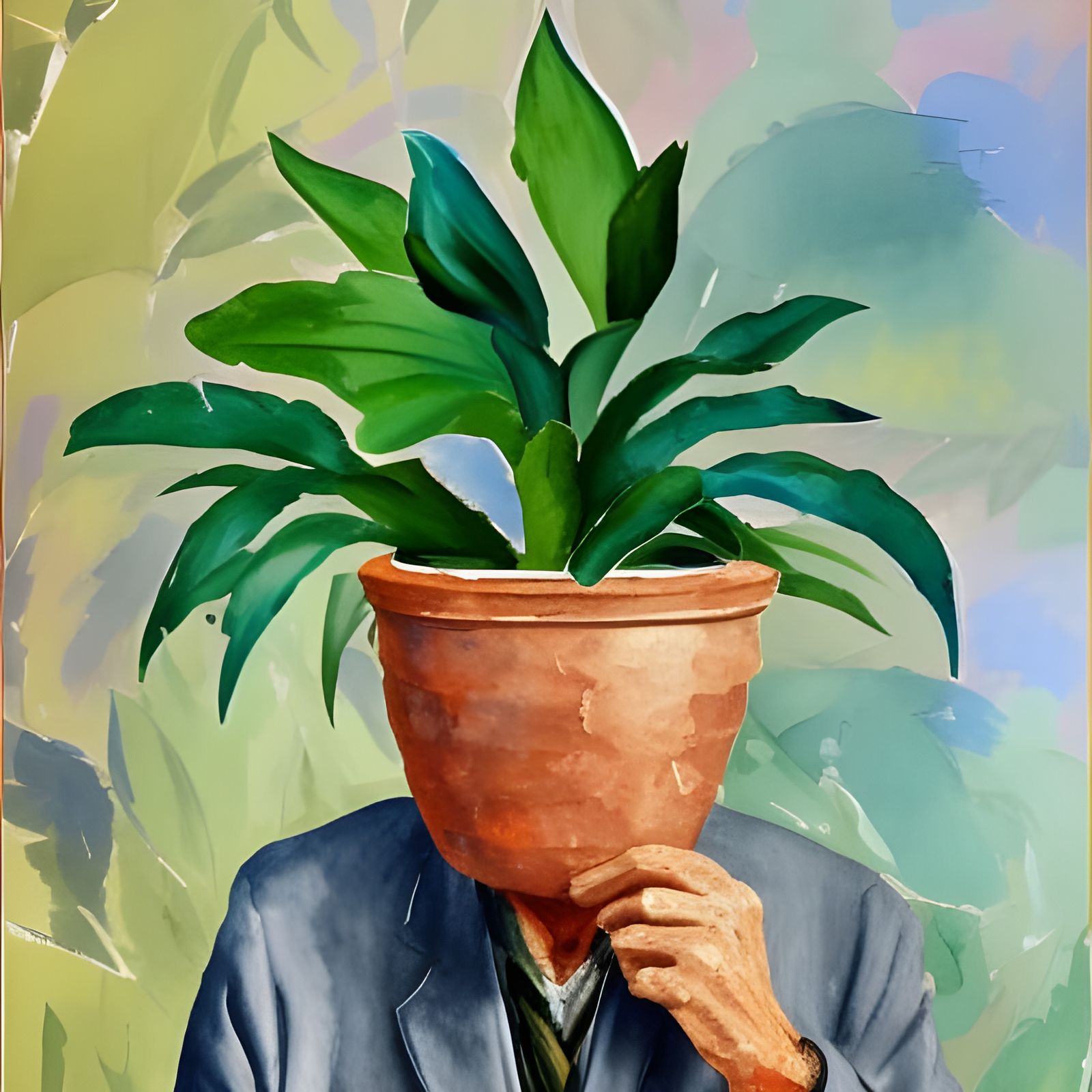 Old Man with Money Plant in Gouache Watercolor