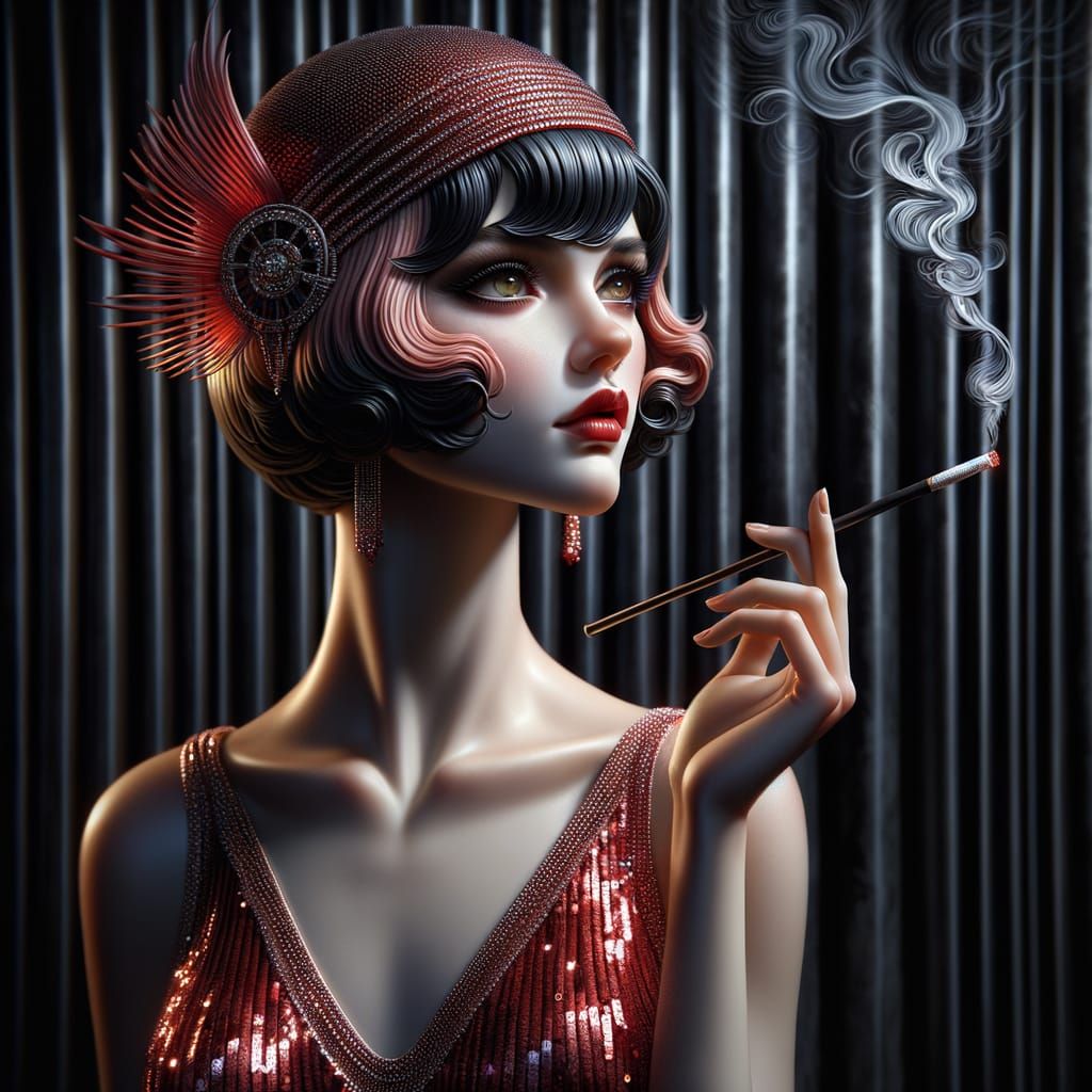 Digital Art with Ultra Fine Painterly. Artwork depicting a graceful porcelain-like mannequin with a beautiful red flappe...