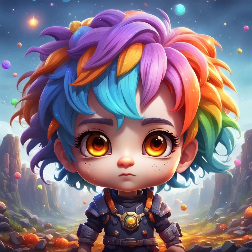 Chibi Baby with Rainbow Hair, Digital Art
