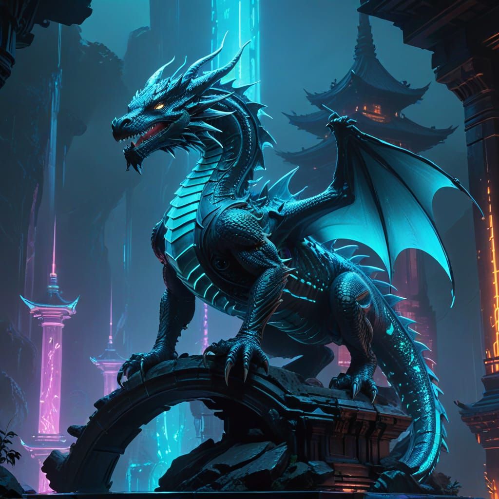 Cyberpunk Dragon Concept Art in Neon-Lit Futuristic Pagoda