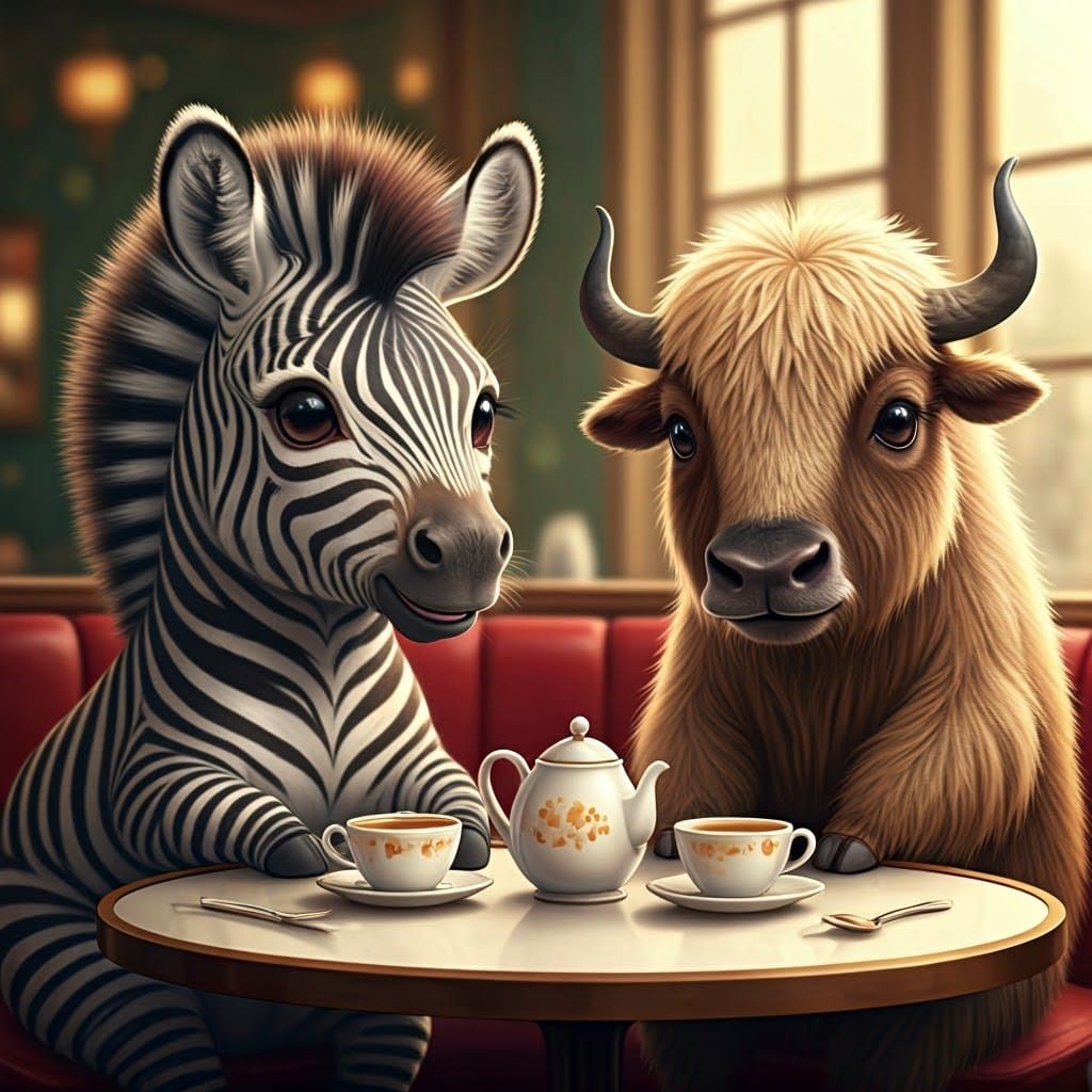 A yak & a zebra having afternoon tea