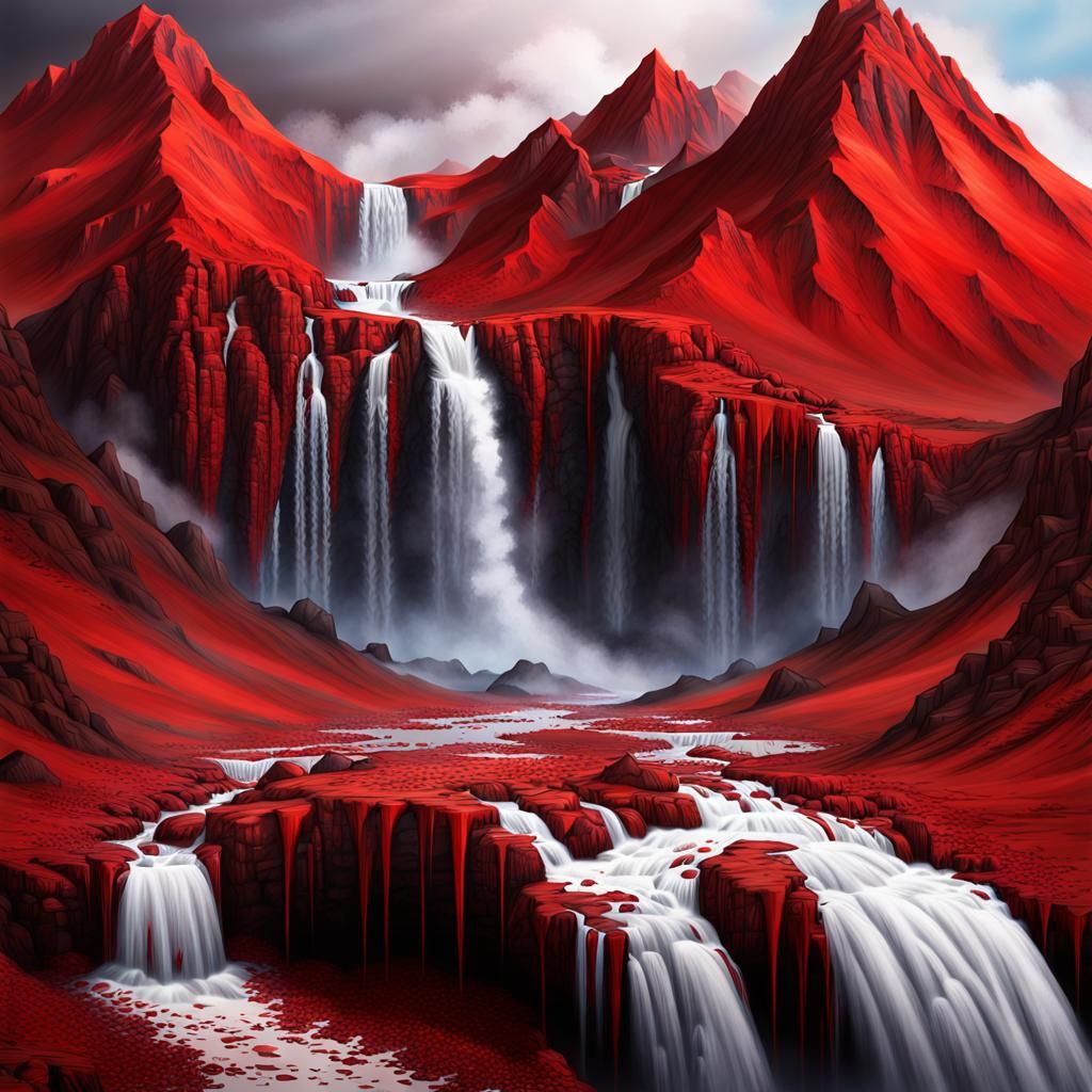 Photorealistic Mountain with Waterfalls of Blood