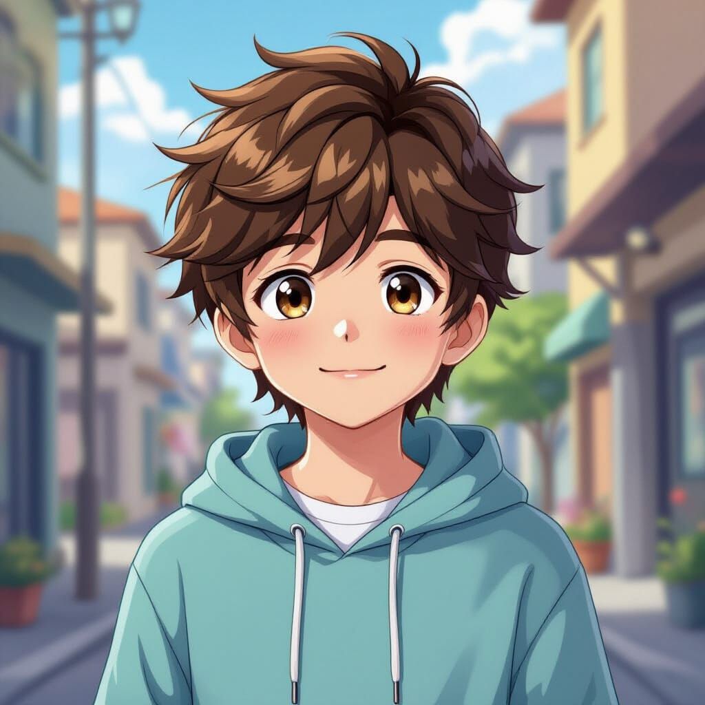 Anime Boy with Amber Eyes and Pastel Hoodie