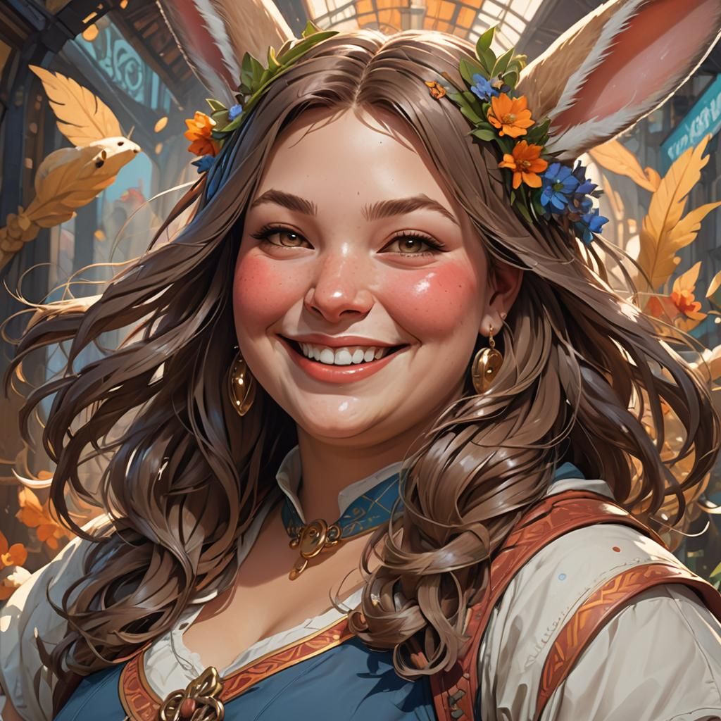 Cheerful Chubby Rabbit Girl Portrait in Art Nouveau Style