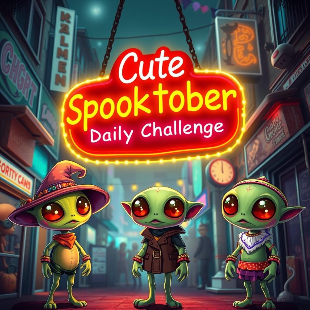 Cute Spooktober Alien Street Scene in Pop-Surrealism