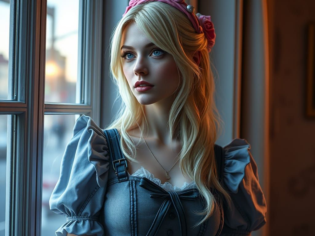 Beautiful Blonde Woman in Wonderland Style, Detailed Portrai...