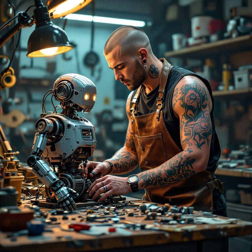 Hyperrealistic Engineer Repairs Robot in Workshop