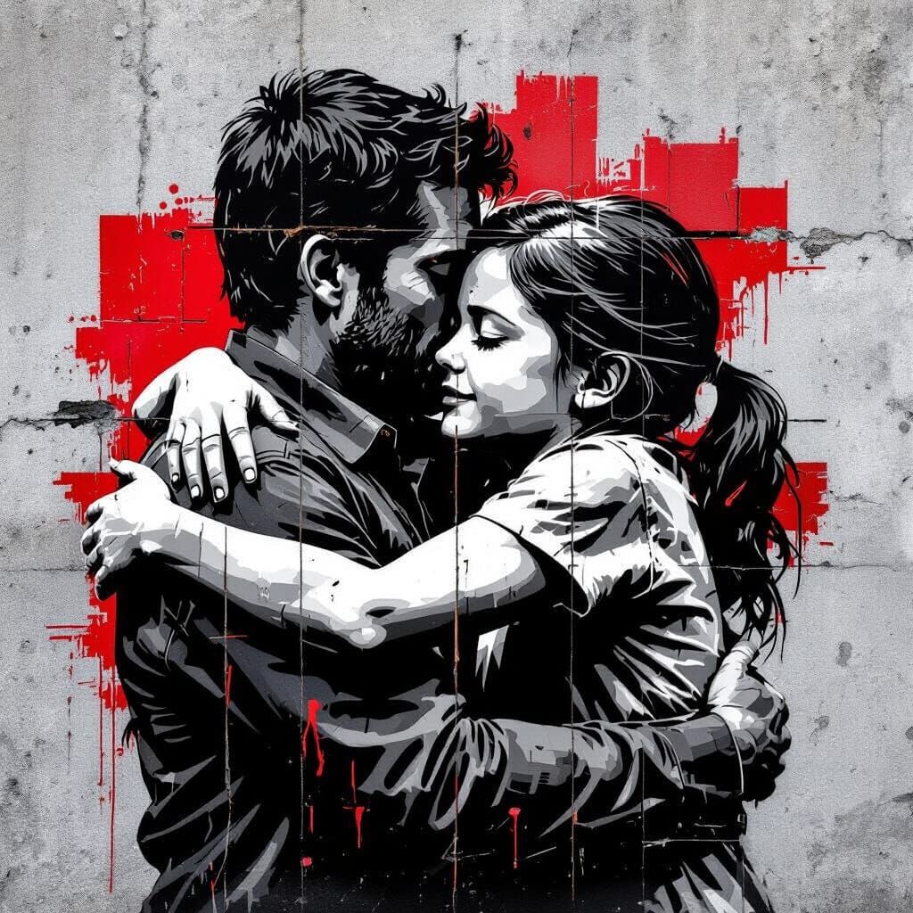 Fragmented Embrace in Urban Street Art Style
