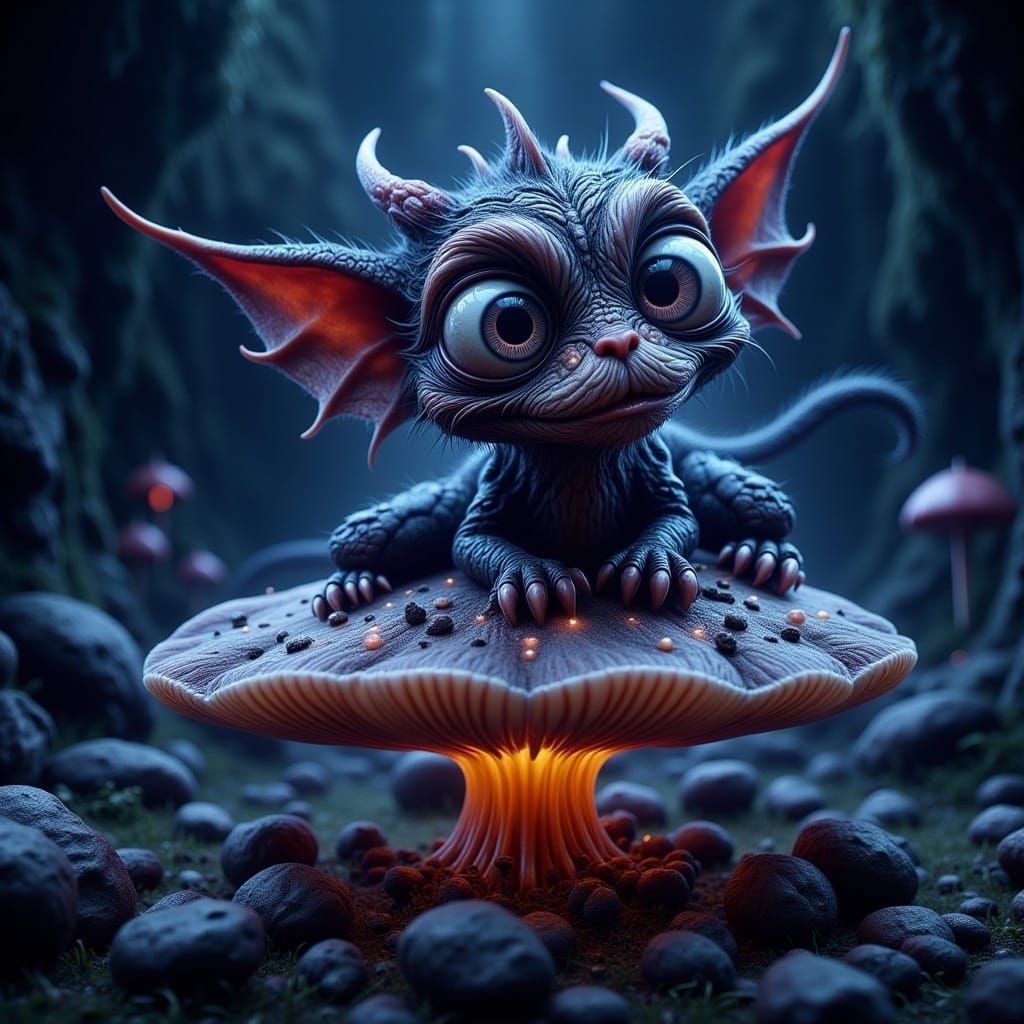 Adorable Baby Dragon on Bioluminescent Mushroom