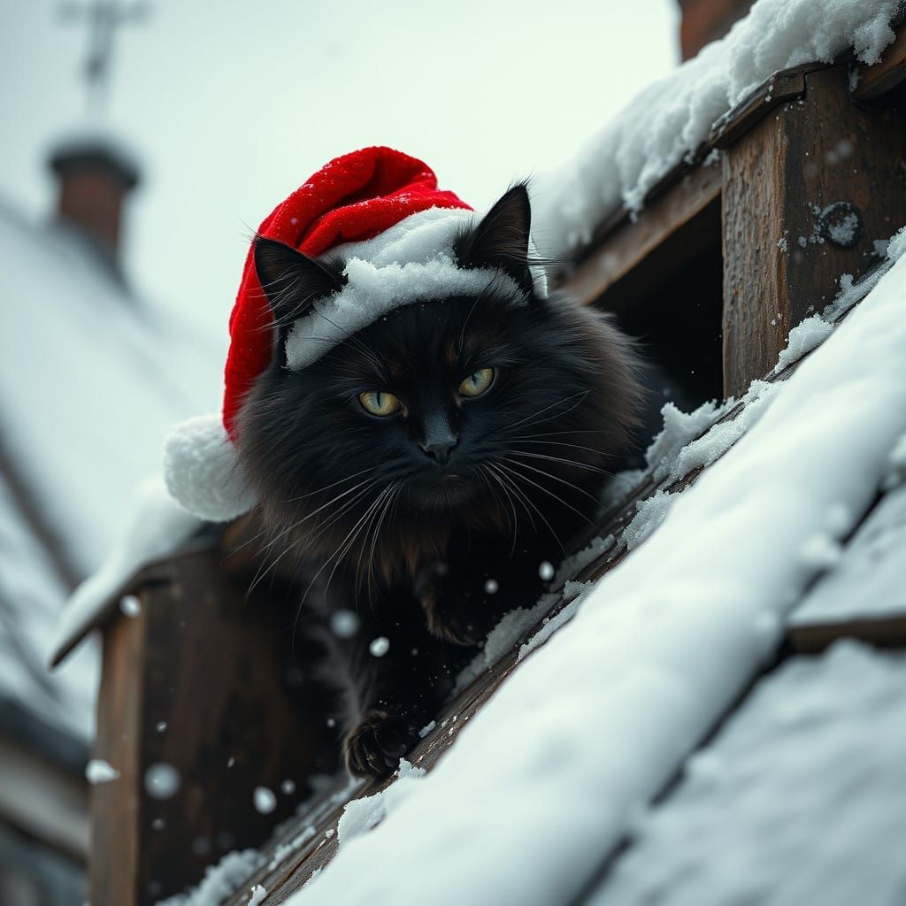 Majestic Black Cat Squeezes Through Chimney on Snowy Rooftop