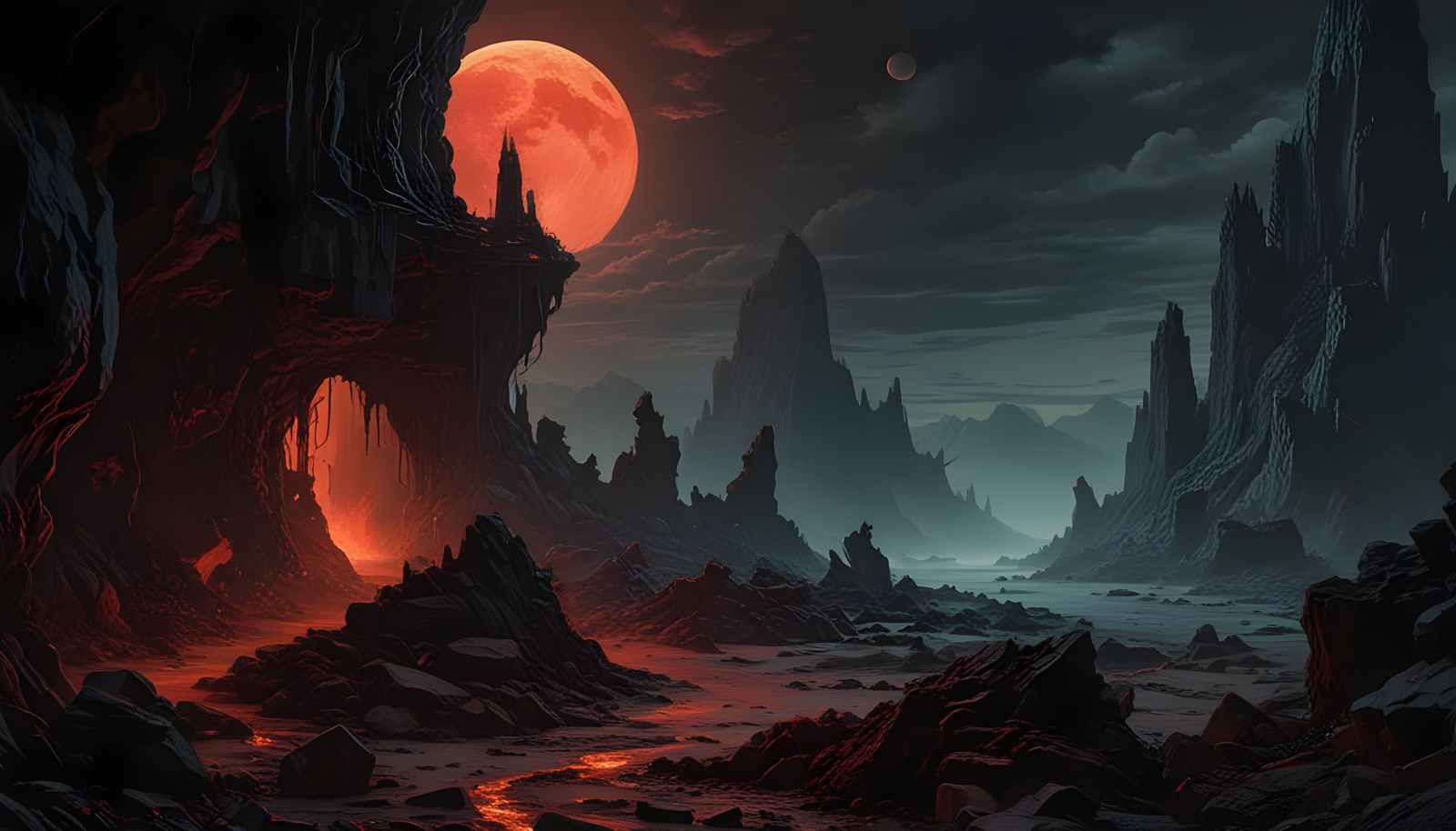 Red Lunar Caverns in Ominous Darkness