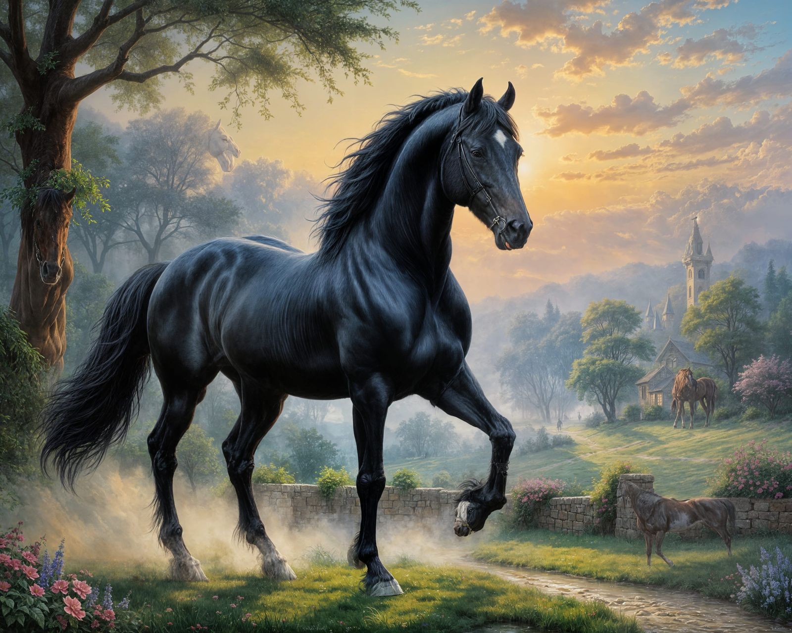 Majestic Black Arabian Stallion in Ethereal Oil Painting