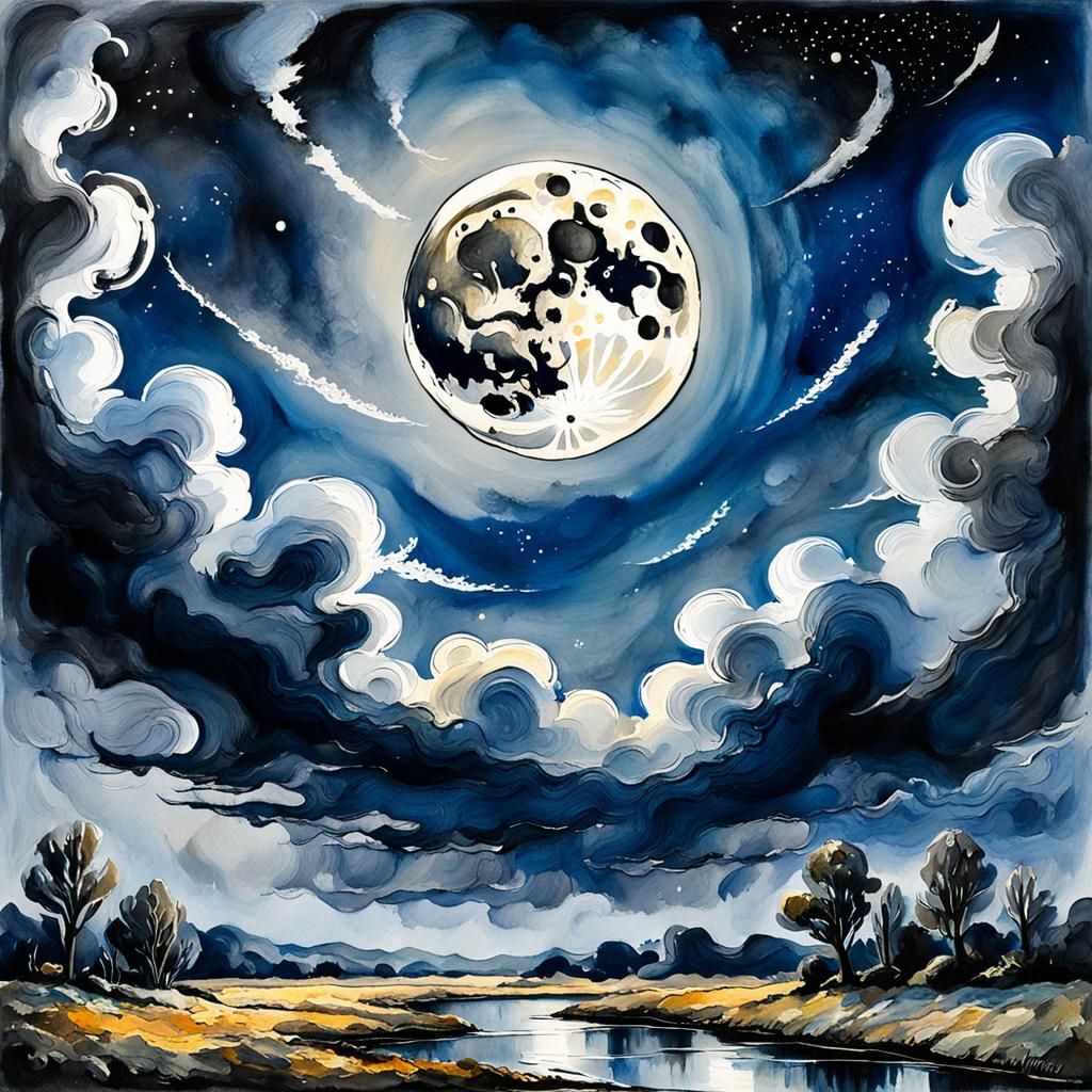 Silver Moon in Ink-Washed Sky, Gouache Style