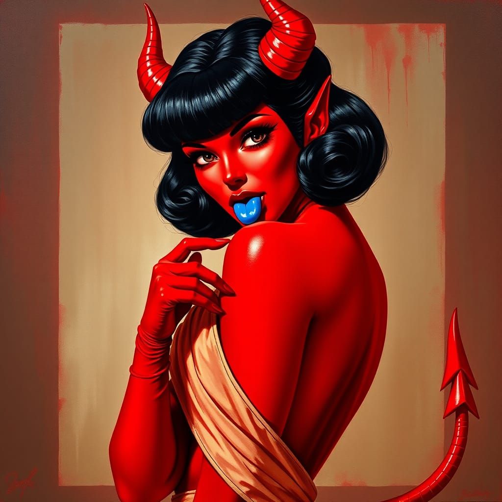 Sultry Devil Pin-Up Girl in Oil Painting Style