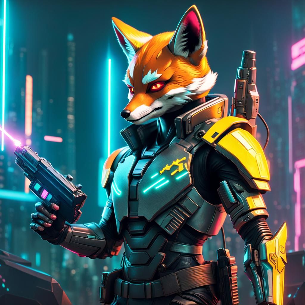Cyberpunk Fox Warrior with Laser Pistol