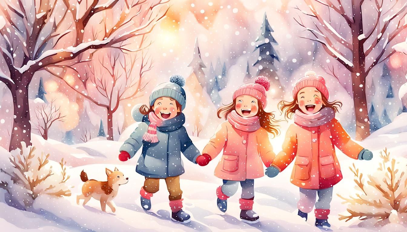 Winter Wonderland Scene in Whimsical Watercolor Style