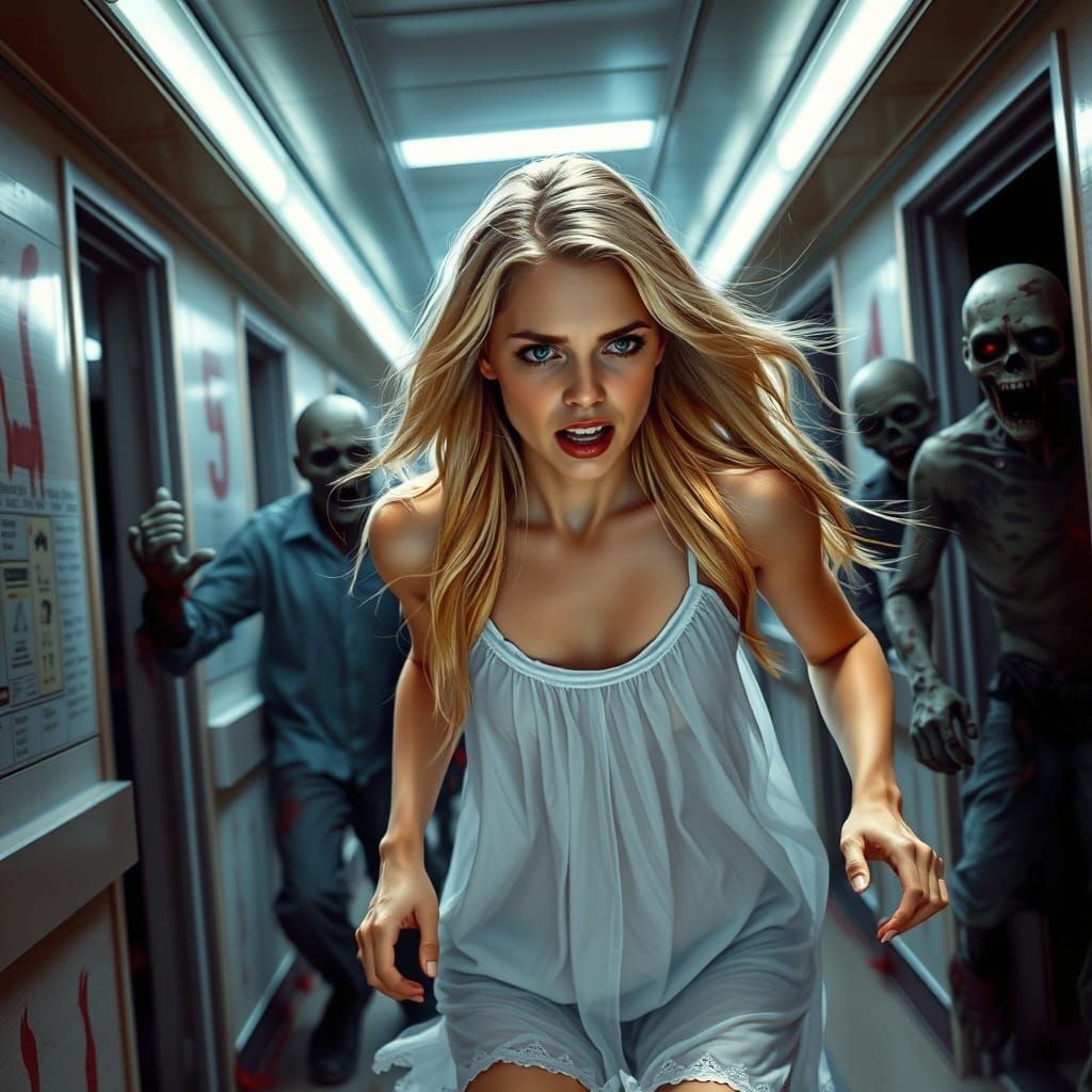 Young Woman Fleeing Hospital in Neon Lit Chaos