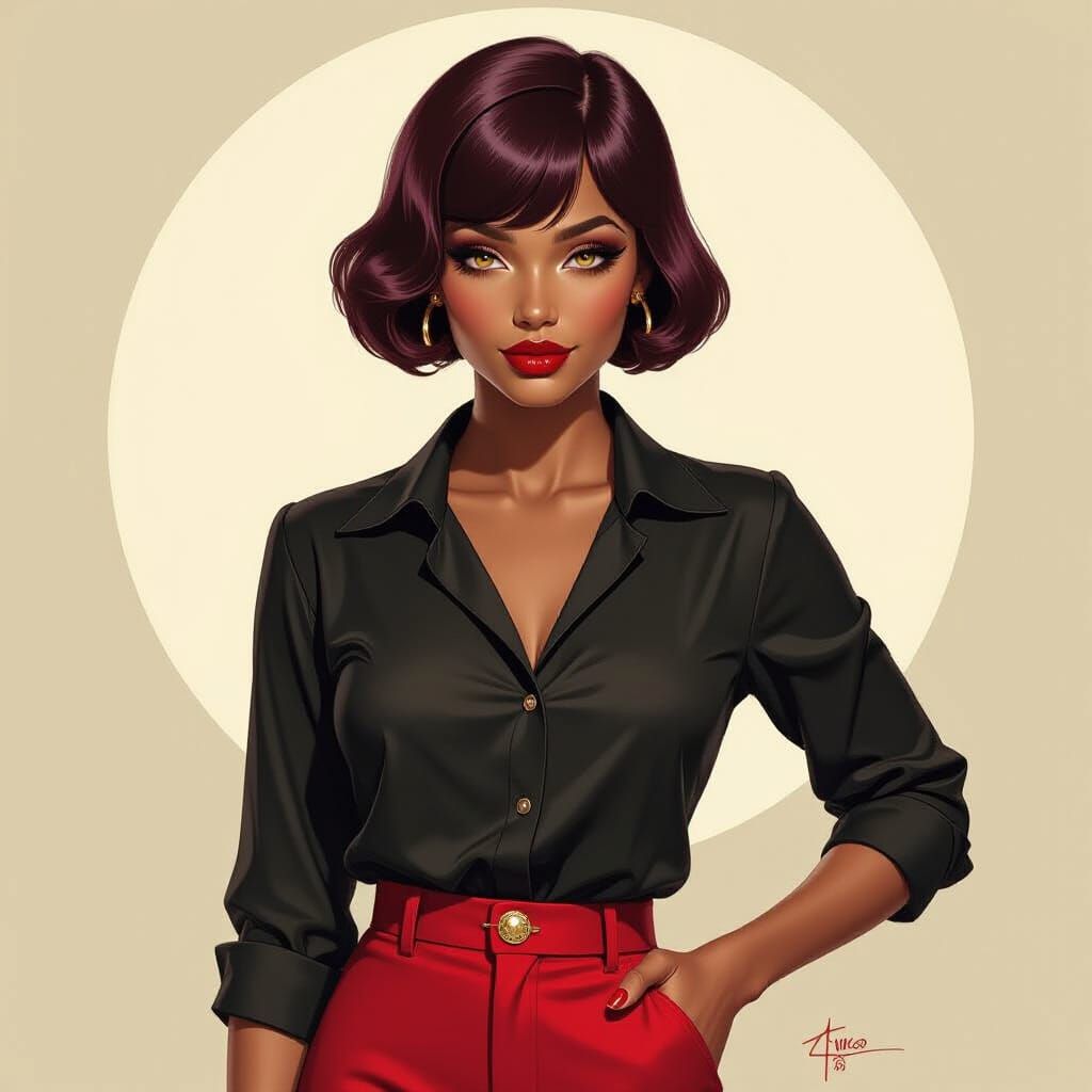 1920s Woman with Ruby Bangs and Gold Eyes