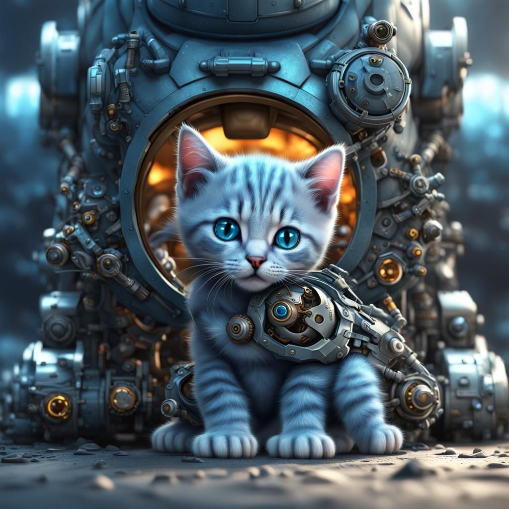 Cyborg Kitten Snuggles Mechanical Mother: Digital Art