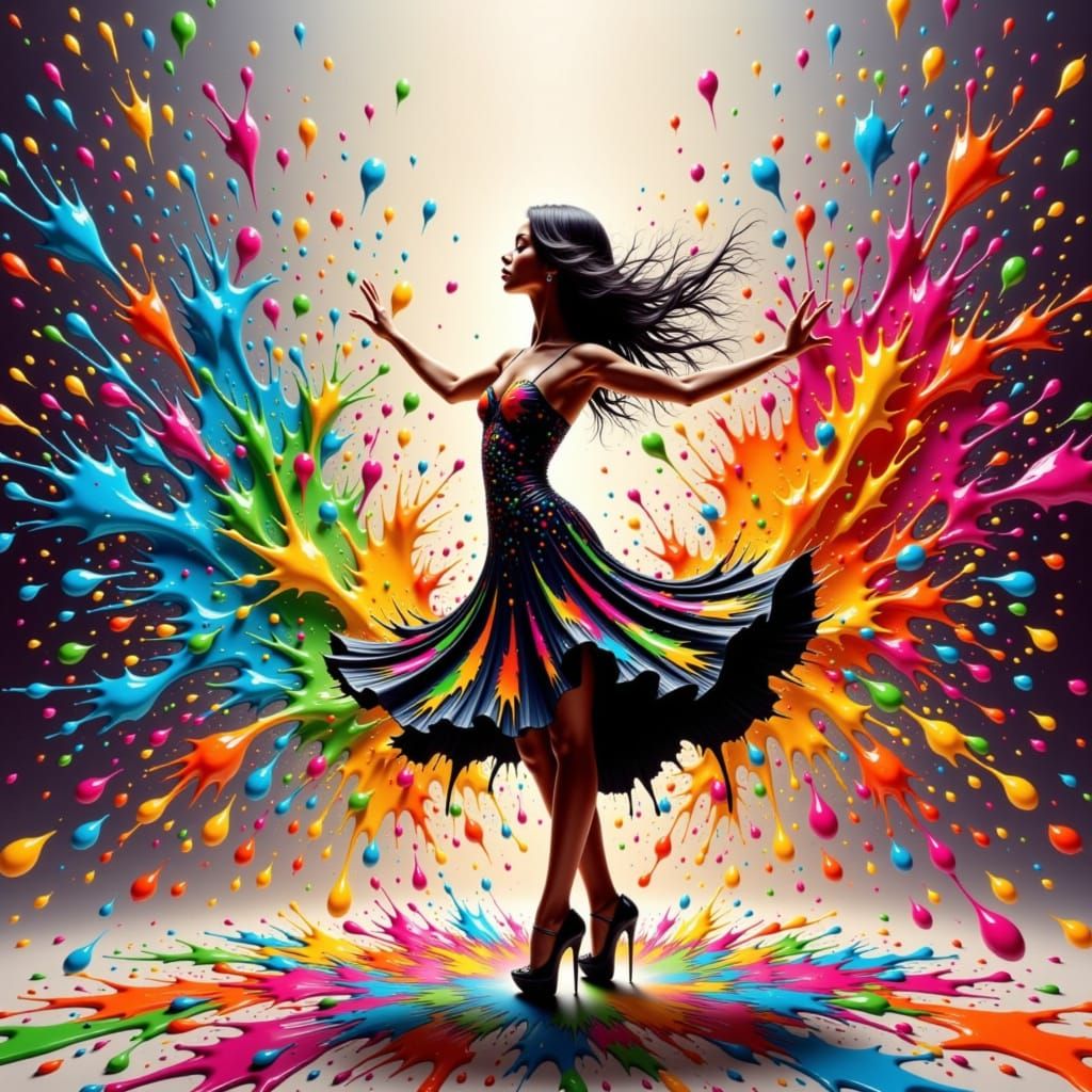 Elegant Dancer Amidst Vibrant Paint Splashes