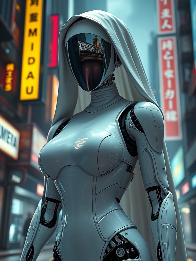 Cyberpunk Nun Robot in Dystopian Cityscape