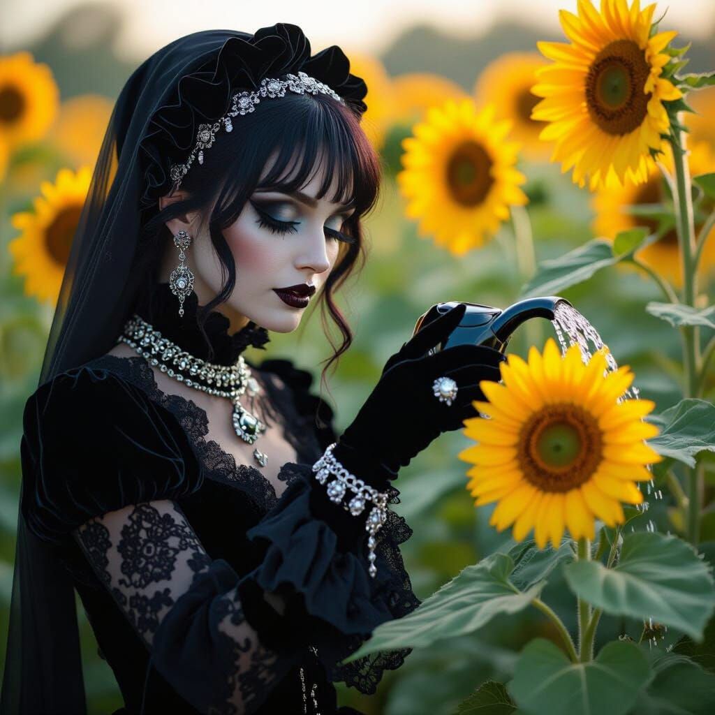 Gothic Character Watering Sunflowers Whimsically