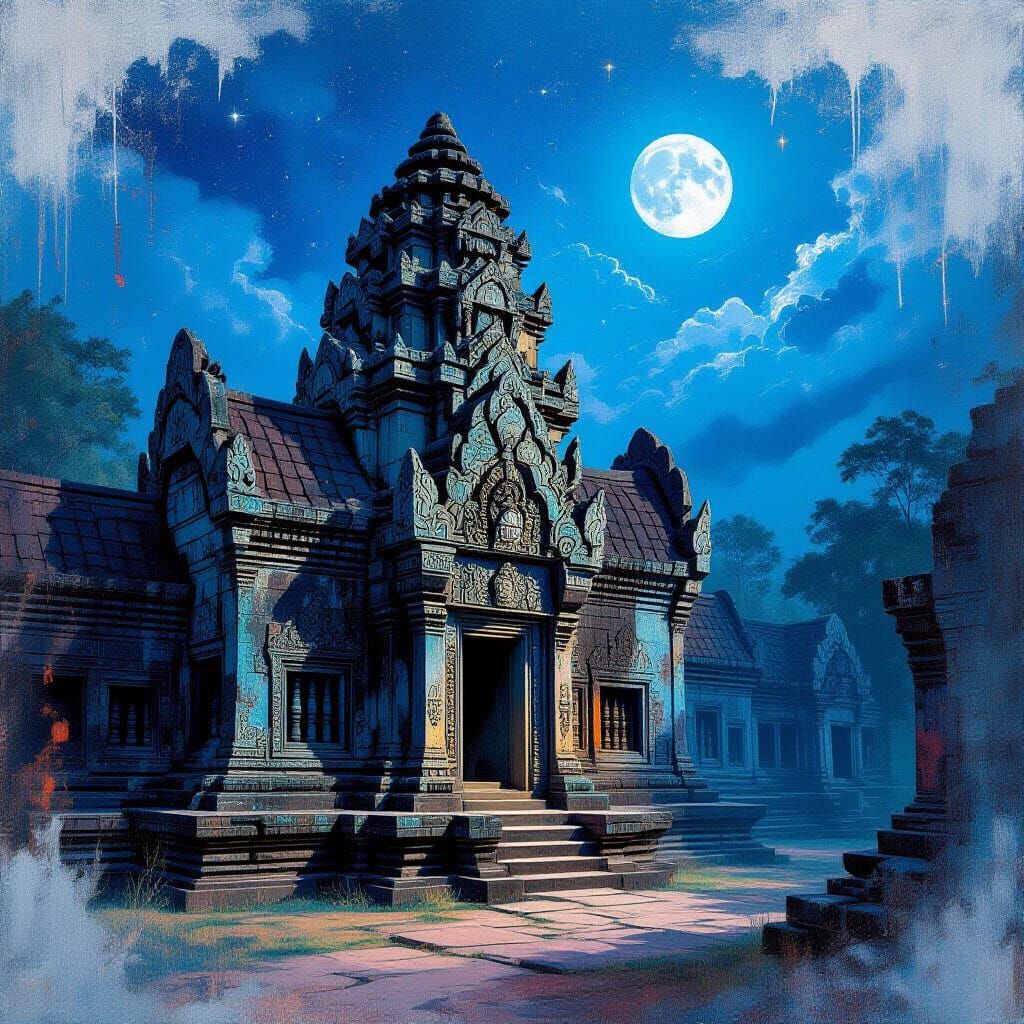 Ancient Temple Illuminated by Moonlight in Neo-Expressionist...
