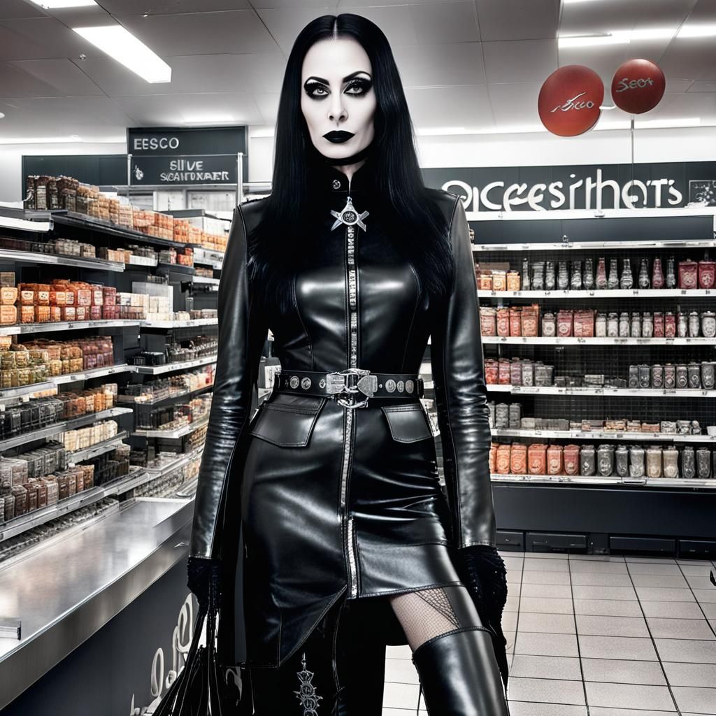 Morticia Addams as Gothic Checkout Girl in Supermarket