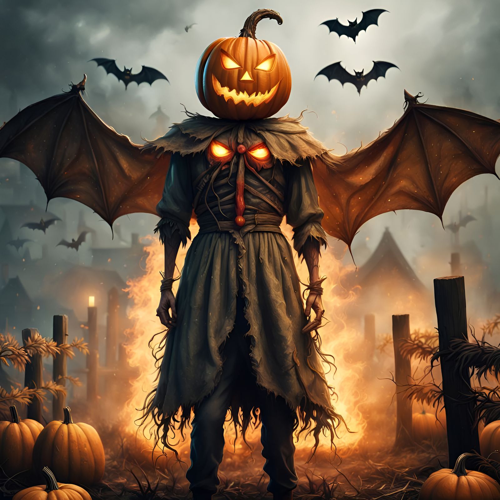 Creepy Pumpkin Scarecrow in Haunted Town: Hyperrealistic Art
