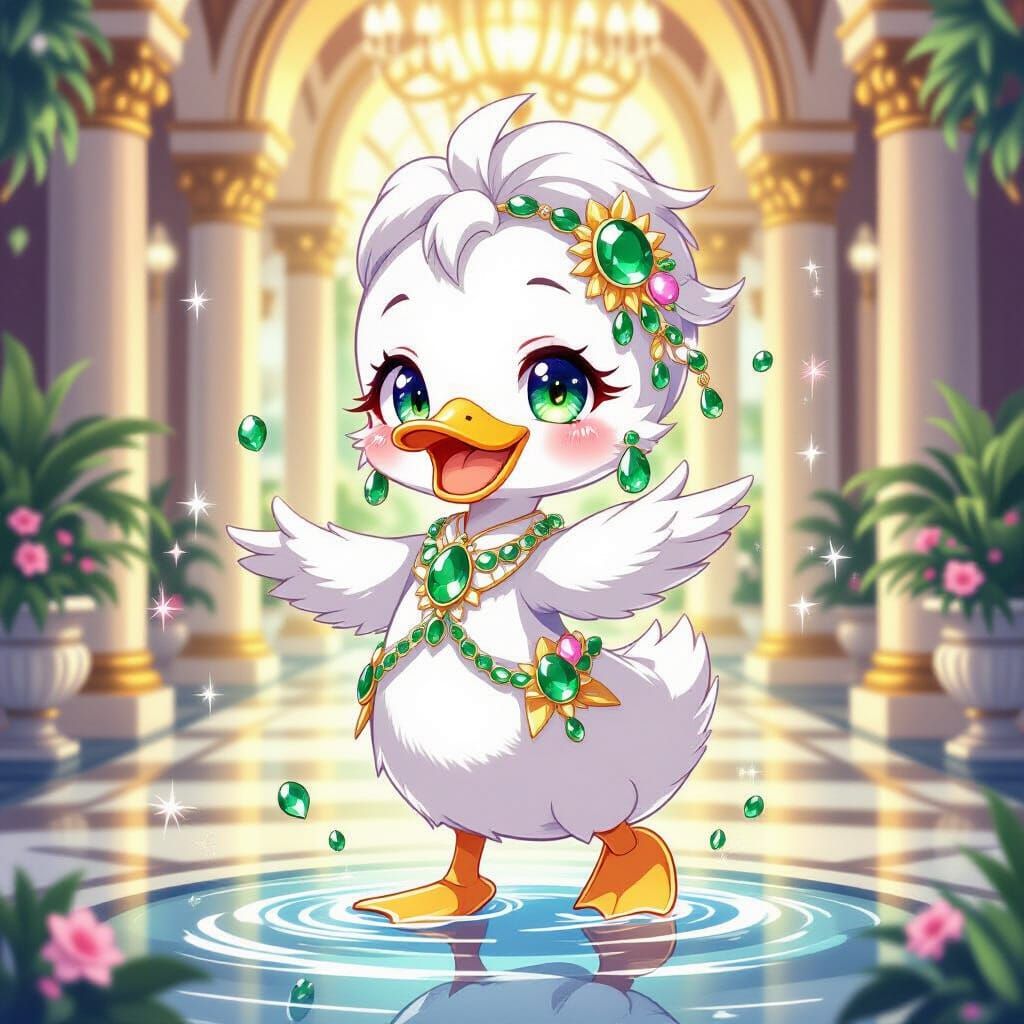 Anime Duck Dancing with Emeralds in Palace