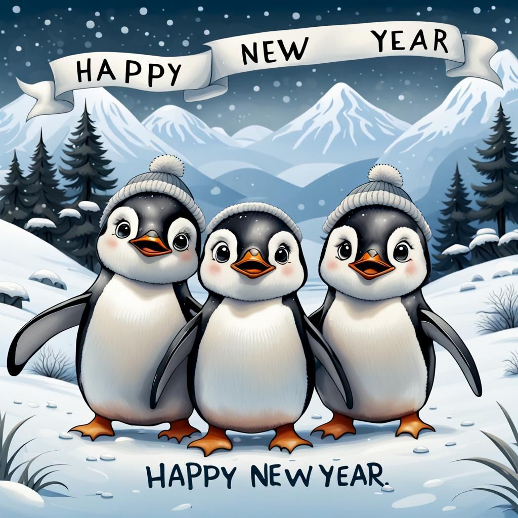 Happy Penguins Celebrate New Year in Winter Wonderland