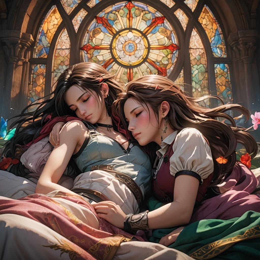 Tifa and Aerith Sleeping: Fantasy Concept Art