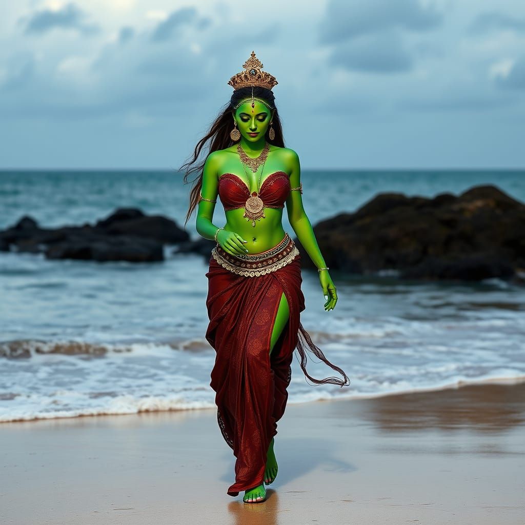 Ethereal Goddess Emerges from the Sea in Vibrant Green