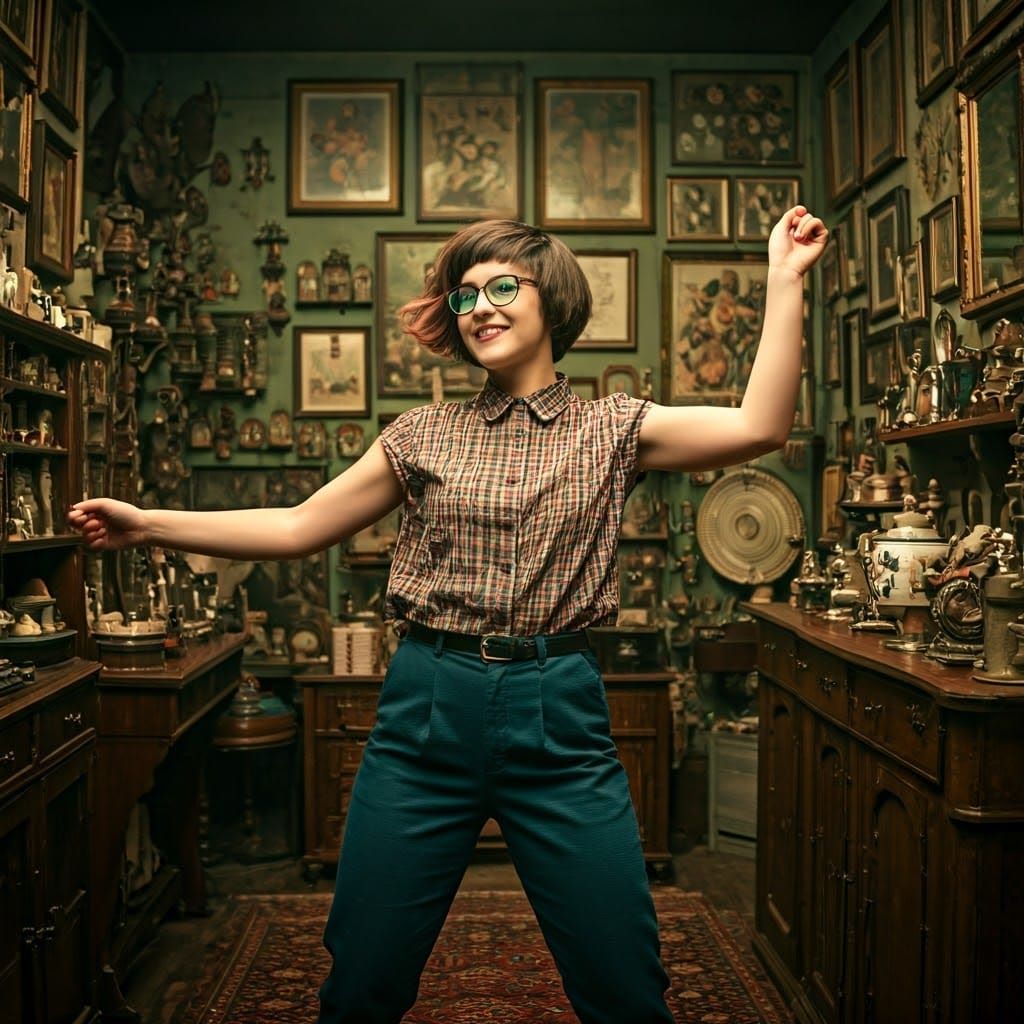 Eccentric Hipster Woman Dancing in a Vintage Room