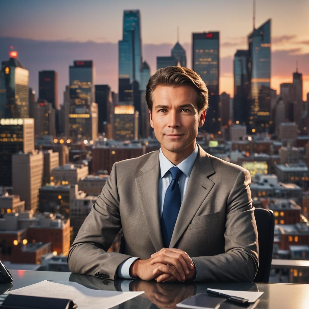 News Anchor at Desk with Cityscape Background
