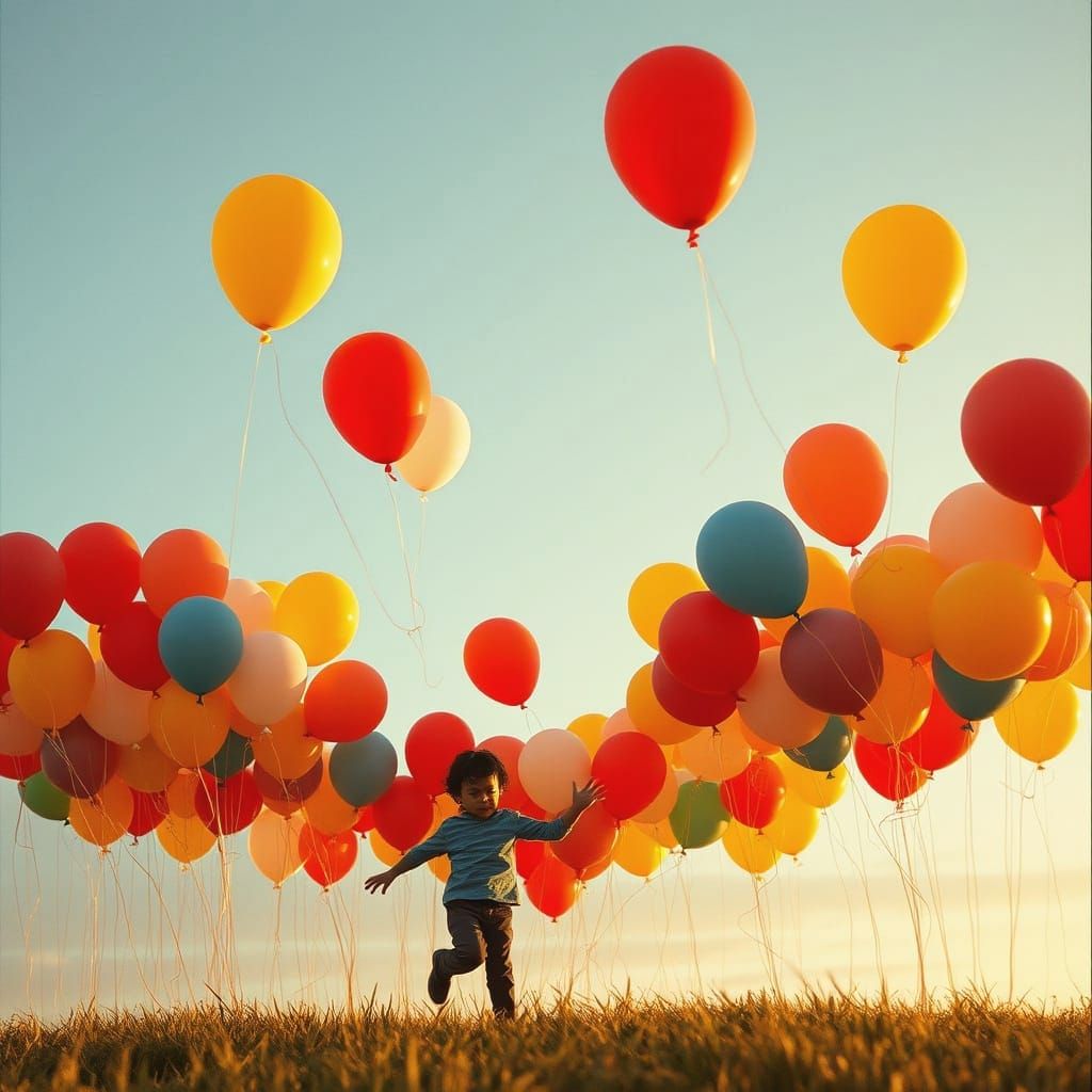 Rainbow Balloons Soar Above a Joyful Child's Pursuit