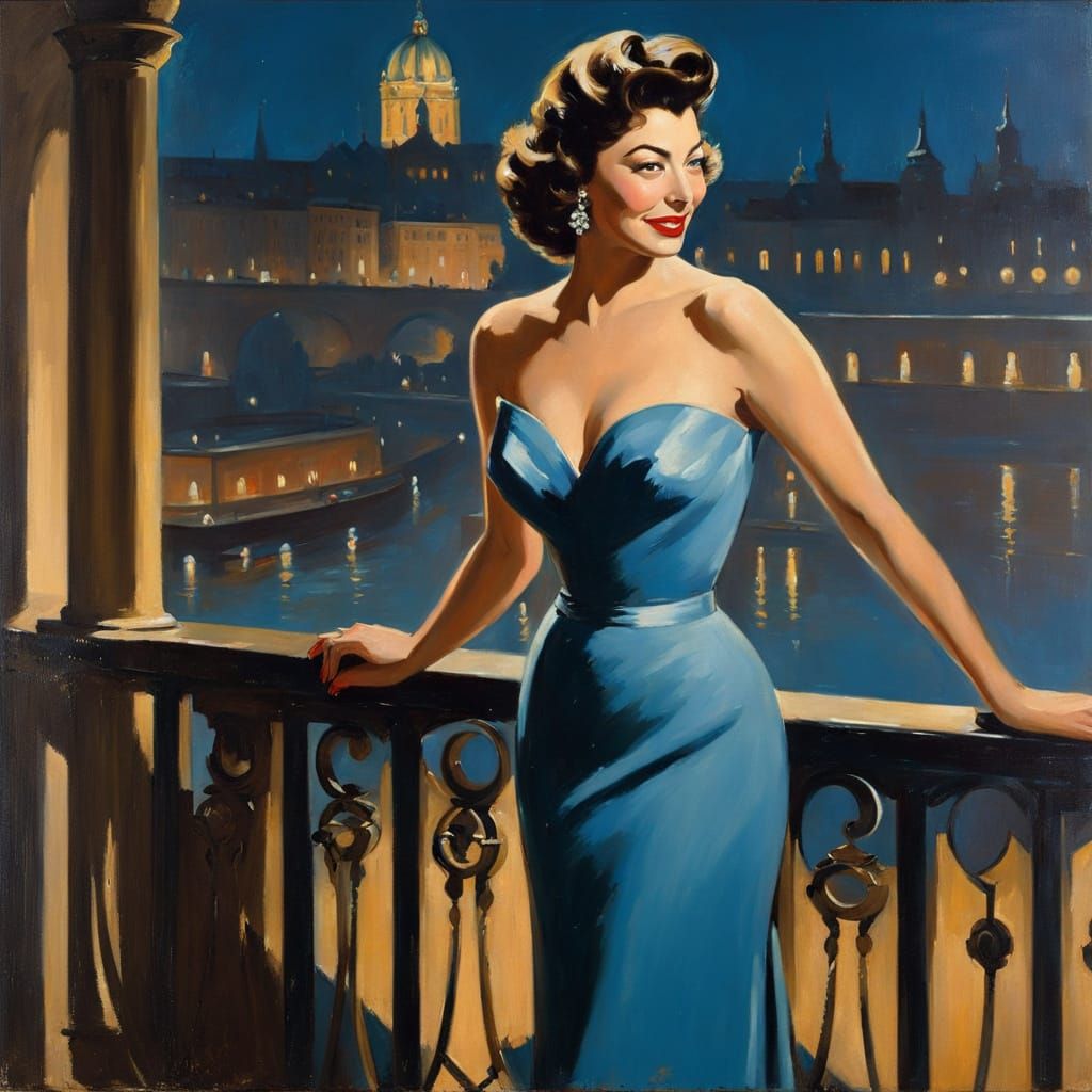 Vintage Beauty on Prague Balcony as Oil Portrait