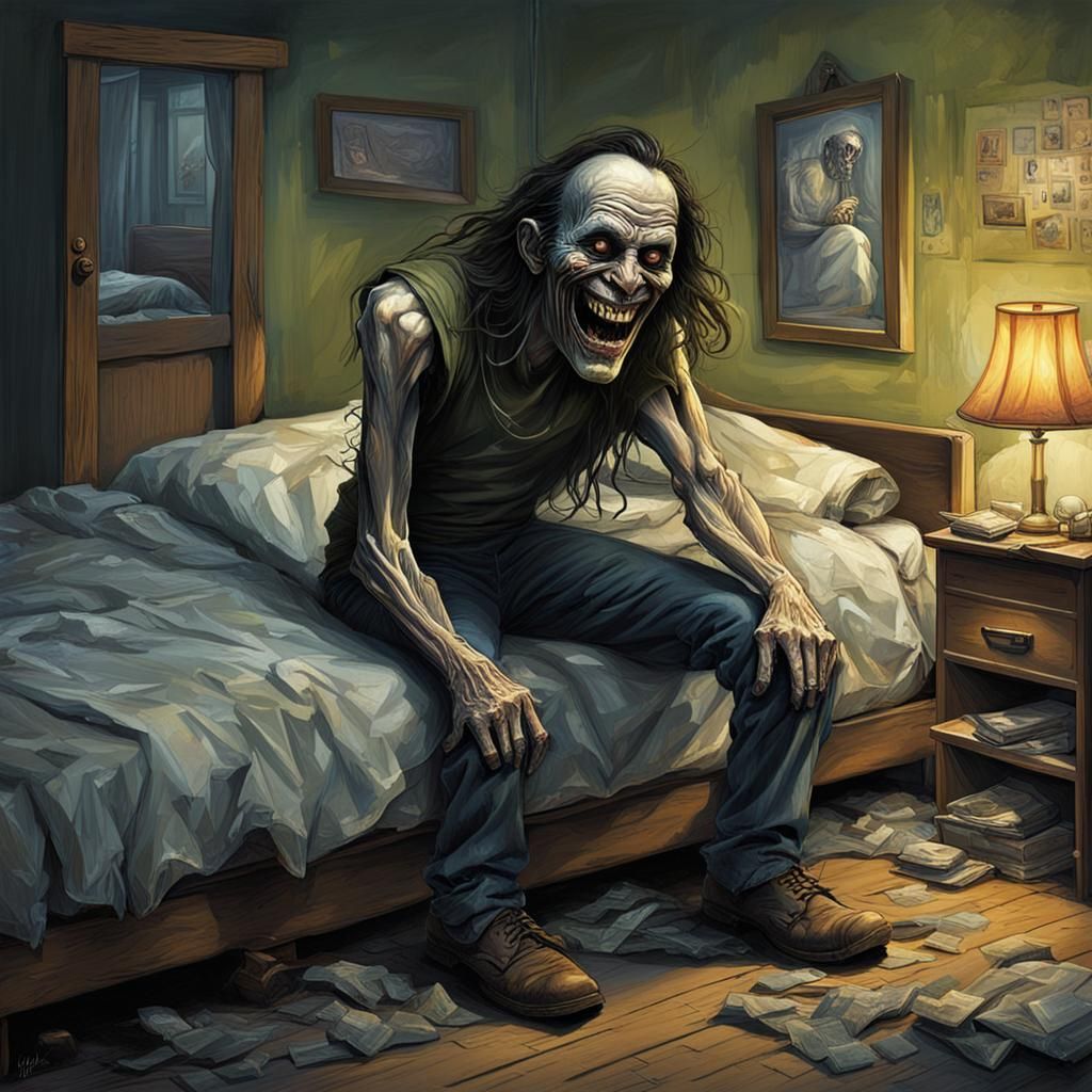 Terrifying Grinning Man Under Bed in Hyperrealistic Style