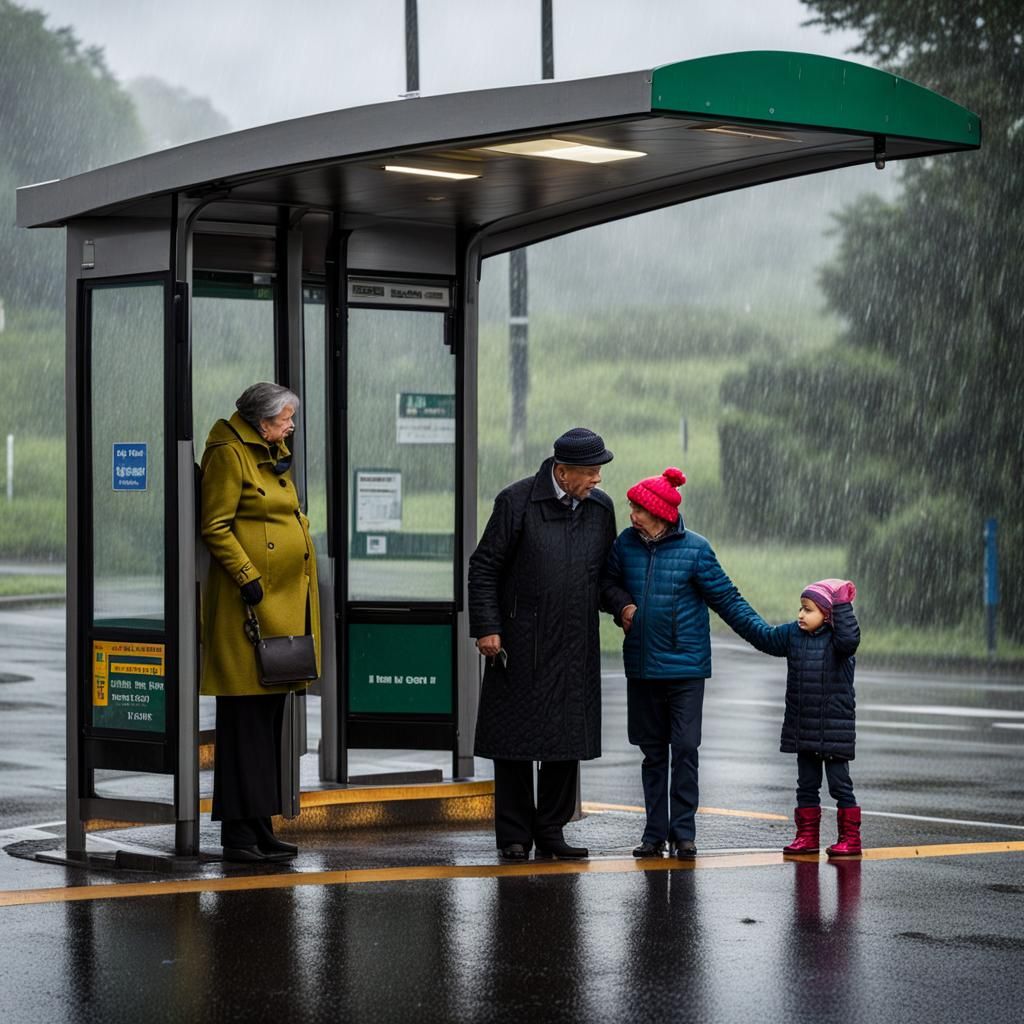 Family at Bus Stop in the Rain