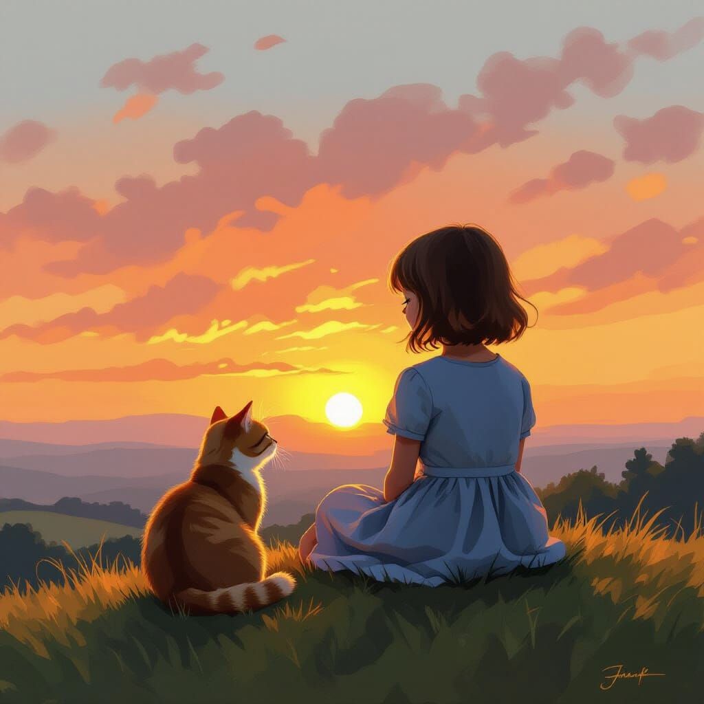 Girl and Cat Silhouetted Against Dreamlike Sunrise