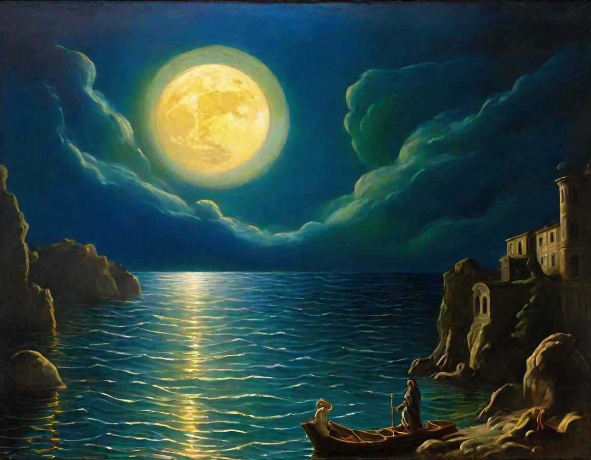 Glowing Moon Over Water in Baroque Style