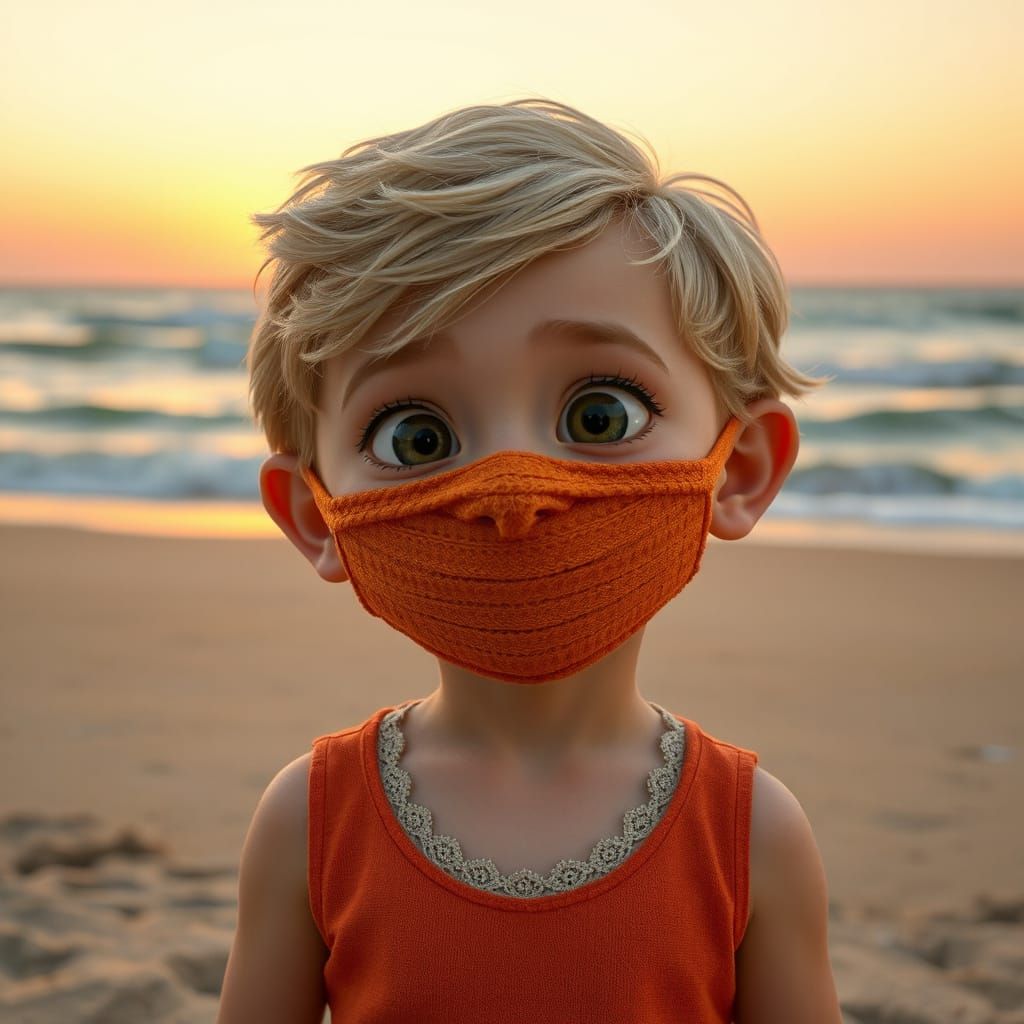 Cartoon Child with Orange Bandage in Sunset Beach Scene