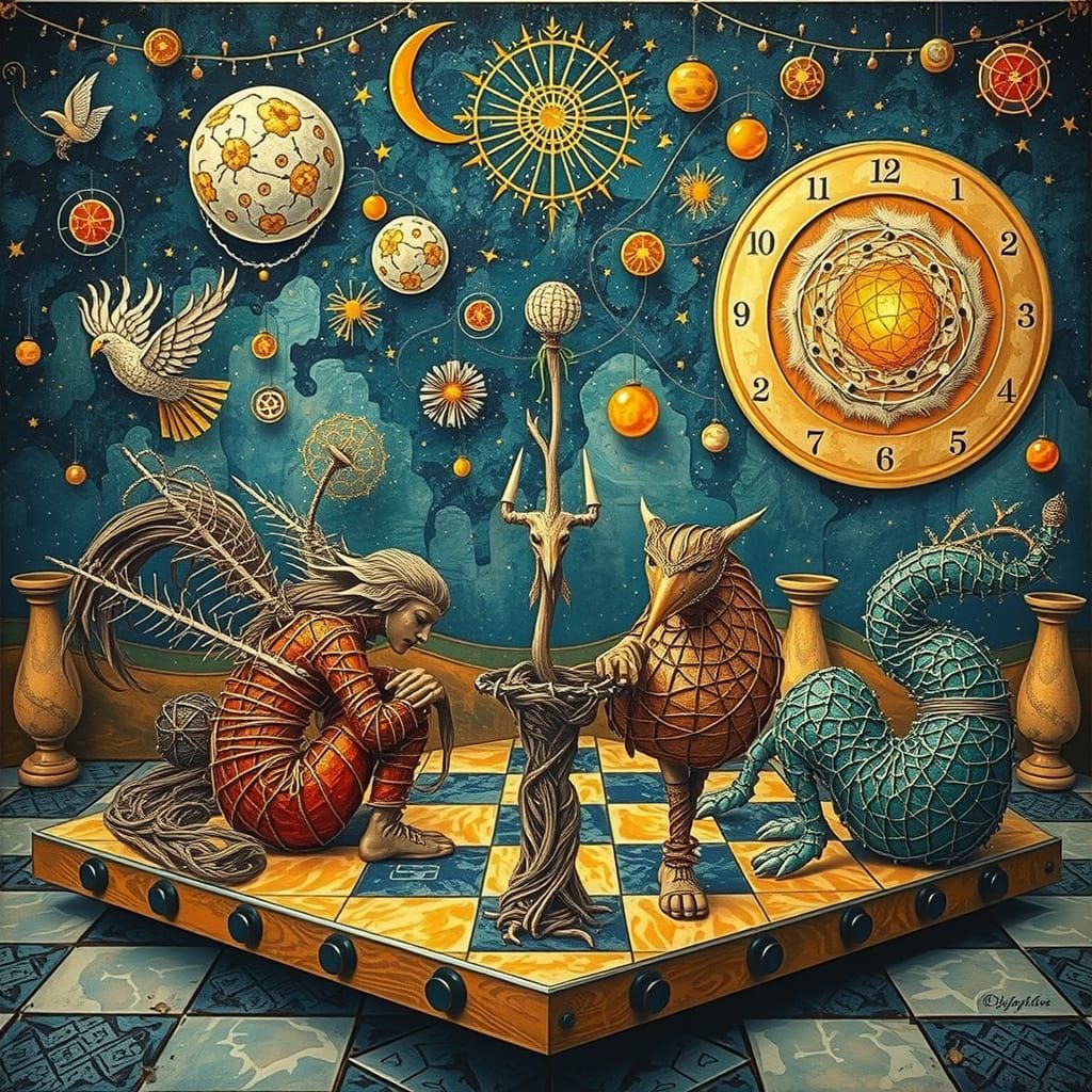 Woman Made of Strings Kissing Bird in Garden