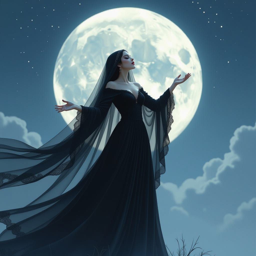 Gothic Girl Chanting Under Moonlit Sky