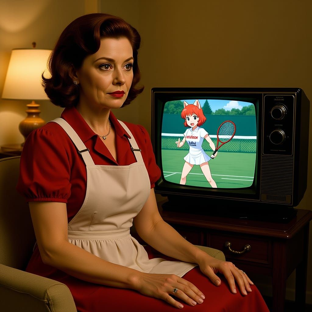 Anime Fox Girl on TV in 1950s Style