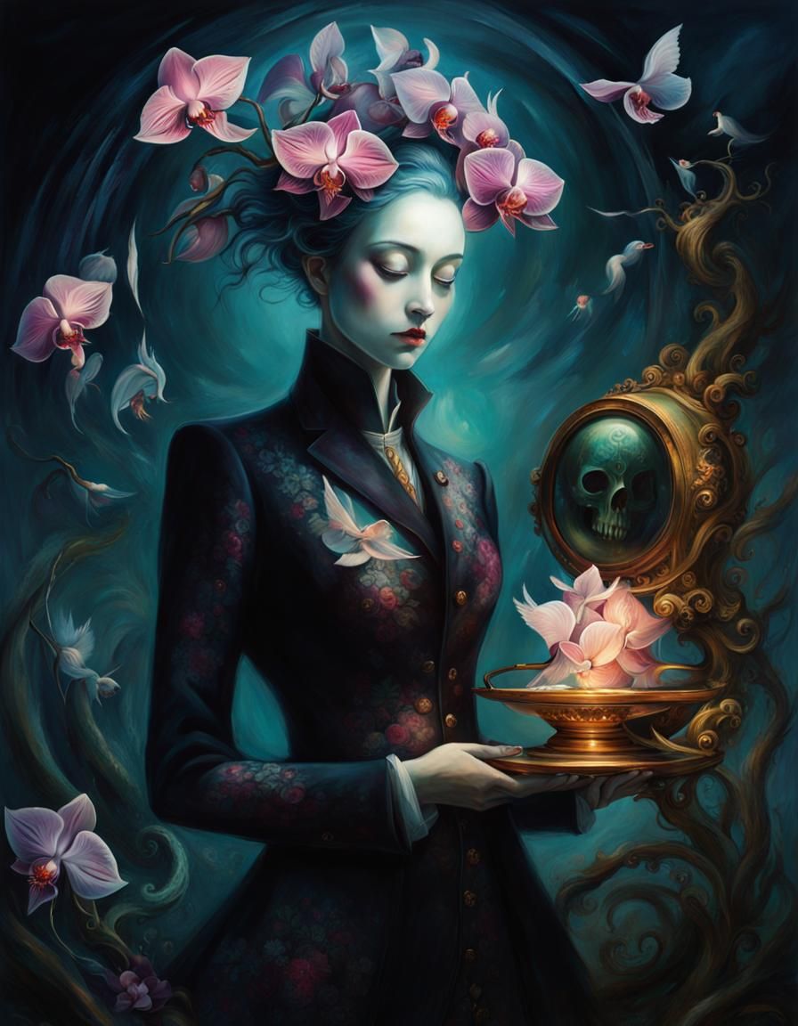Eerie Orchid God Portrait in Whimsical Style