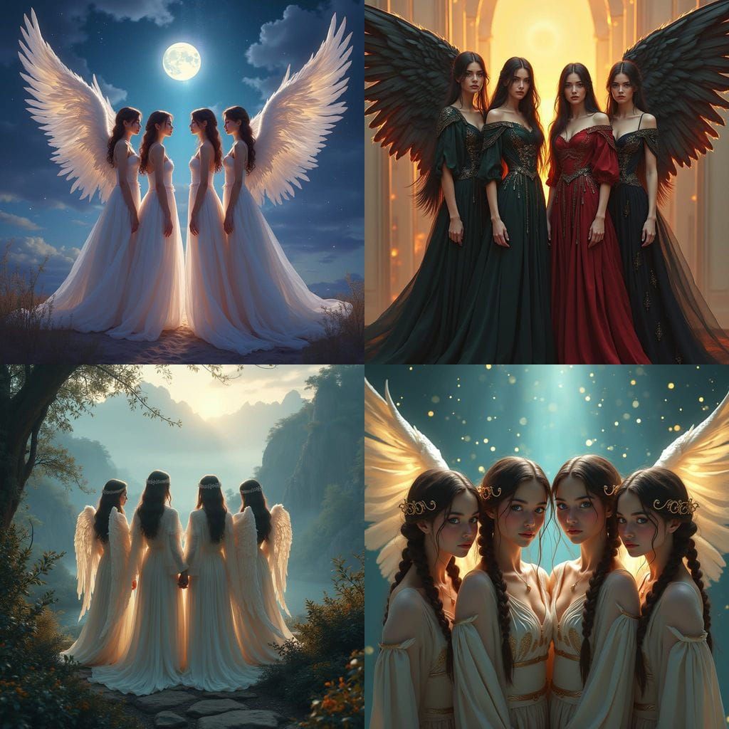 Four Sisters Embracing Angelic Wings in a Fantastical Realm