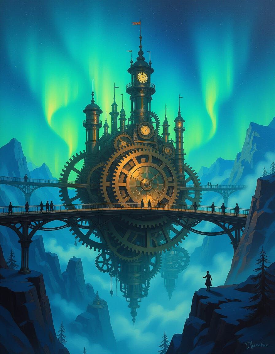 Steampunk City in Aurora Borealis: Oil Painting