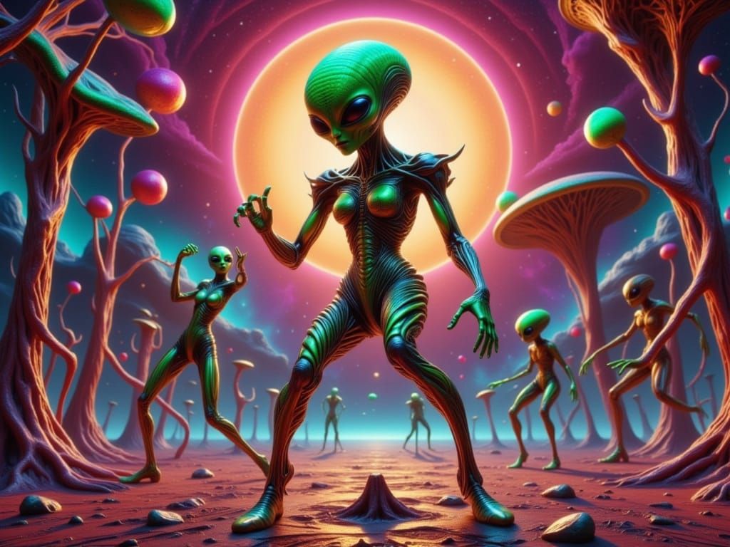 Alien Performing a Song and Dance Routine in Biopunk Style