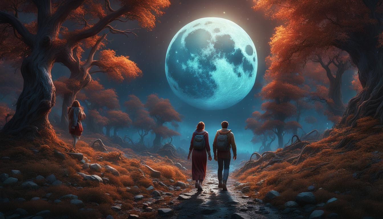 Fantastical Moonlit Forest Walk: Detailed Matte Painting